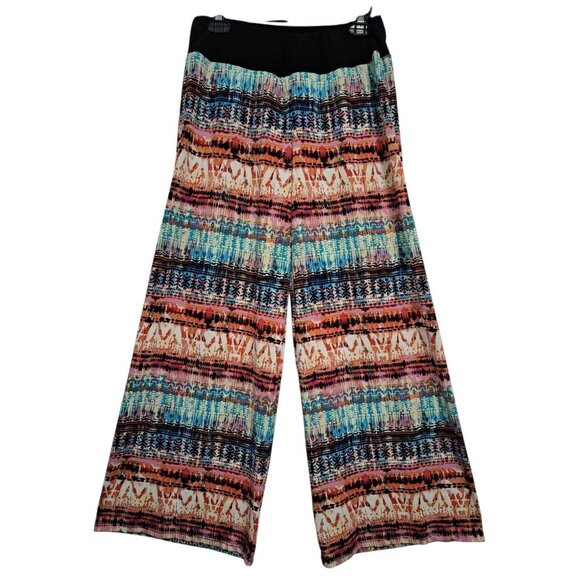 Womens Boho Wide Leg Palazzo Pants M Multicolor Tribal Aztec Print USA Stretch - Picture 1 of 7